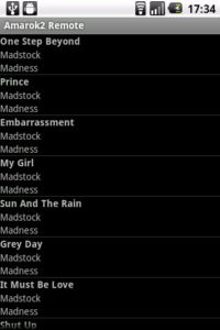 Abbildung 8: Über das Menü von Amarok2Remote sehen Sie Ihre aktuelle Playliste ein und stöbern in Ihrer Musiksammlung.