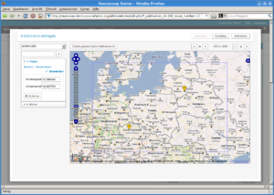 Geolocation-Unterstützung ordnet jedem Beitrag einen oder mehrere Orte zu. Die Auswahl erfolgt über Kartendienste wie Google Maps oder Openstreetmap.