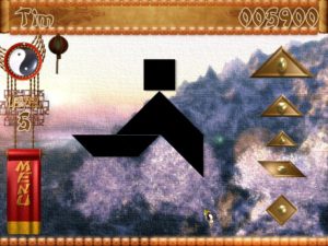 Abbildung 1: In Temple of Tangram muss man die Plättchen auf der rechten Seite in die schwarze Form setzen.