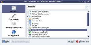 Abbildung 2: Im Einrichtungsdialogs des K-Menüs können Sie einzelne Einträge wie die Favoriten und den Verlauf ausblenden.