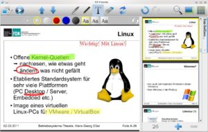 Abbildung 5: PDF Presenter zeigt eine PDF-Datei an; der Dozent hat während des Vortrags Notizen und Hervorhebungen ergänzt.