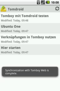 Abbildung 8: Die App Tomdroid hat erfolgreich die Notizzettel von Ubuntu One auf das Handy geladen.