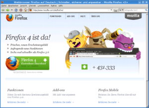 Mozilla feiert die Veröffentlichung des fertiggestellten Firefox 4.0 wie üblich in fröhlichem Comic-Design.