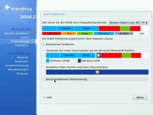 Abbildung 1: Der Installer bietet automatisch an, eine vorhandene Windows-Partition zu verkleinern, um Platz für Mandriva Linux zu schaffen.