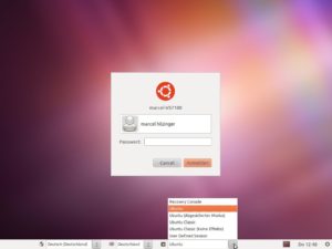 Abbildung 2: Im Anmeldebildschirm wechseln Sie zwischen Unity und dem traditionellen Gnome-Desktop.