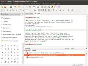 Abbildung 3: LaTeXila, sowie die Kandidaten Kile und Texmaker, listen Fehler übersichtlich auf, sondern markieren gleich die entsprechende Stelle im LaTeX-Code.
