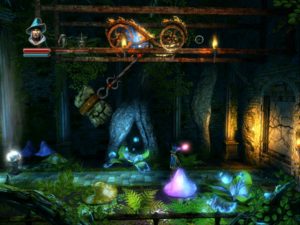 Abbildung 3: Trine: Immer wieder muss man kleine Puzzles lösen. Hier bewegt der Zauber den Schlitten am oberen Rand, wodurch der Hammer darunter in Schwung kommt und die Mauer auf der rechten Seite freisprengt.