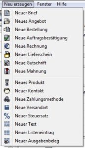 Abbildung 3: Das Neu-Menü gewährt einen Einblick in die Funktionsvielfalt von Fakturama.
