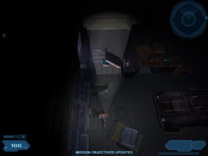 Abbildung 4: Shadowgrounds spielt viel mit Licht und Schatten. So gibt die Taschenlampe nicht nur Einblick in dunkle Korridore, mit ihr verjagt man auch einige lichtscheue Außerirdische. Dummerweise ist ihre Energie begrenzt.