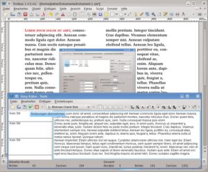 Abbildung 5: Im Story Editor (unten) verfassen und formatieren Sie den Text. Die Änderungen sehen Sie jedoch nur im Scribus-Dokument (oben).
