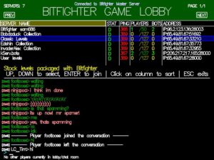 Abbildung 9: Die Game Lobby listet in der oberen Hälfte alle gefunden Internet- und LAN-Server auf, die ein Bifighter Spiel anbieten. Zur nächsten Seite blättert <code srcset=