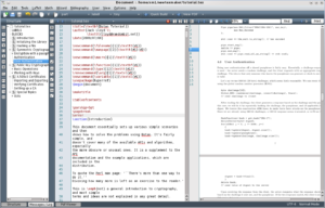 Die Qt-Anwendung Texmaker im neuen Layout für breite Bildschirme. Der PDF-Viewer ist rechts ins Hauptfenster eingebettet.