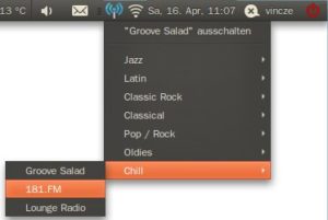 Abbildung 1: Radio Tray steht nach dem Start über ein Icon im Systemtray bereit. Per Mausklick wählen Sie aus einer Vorauswahl den gewünschten Sender aus.