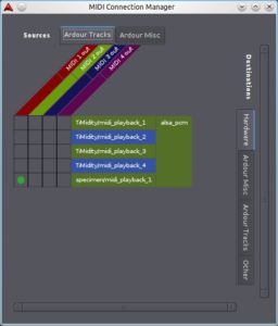 Abbildung 10: Der neue Verbindungsdialog von Ardour3 zeigt alle am System angemeldeten Ports an. Im Matrixsystem links lassen sich mit Linksklick Knotenpunkte anlegen, die die Ports miteinander verkabeln. Das bedeutet wesentlich weniger Klicks und Drehungen am Mausrad als noch bei Ardour2.