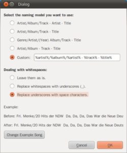 Abbildung 2: Alle Dateien der ausgewählten Verzeichnisse (Locations) benennt Musicguru nach dem hier ausgewählten Muster um und sortiert sie entsprechend ein.