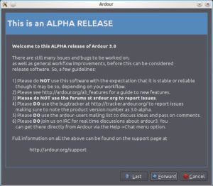 Abbildung 2: Bis März 2011 legte das Ardour-Projekt Wert darauf, dass Ardour3 "noch nicht im Alpha-Status angekommen ist". Hier verkündet der SVN-Build ausdrücklich "Dies ist ein Alpha-Release."
