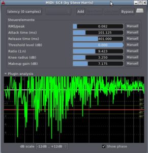 Abbildung 4: Die neue Oberfläche für LADSPA-Plugins wie SC4 (links) zeigt in einer Animation die Wirkung des Plugins auf das Audio-Material.