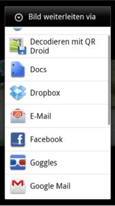 Abbildung 1: Nach der Installation klinkt sich Dropbox in die "Weiterleiten"-Funktion von Android ein, und erlaubt damit den direkten Upload der Bilder auf den Dropbox-Server.