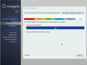 Abbildung 1: Mageia kann die Platte automatisch partitionieren, alternativ legen Sie Partitionen manuell an.