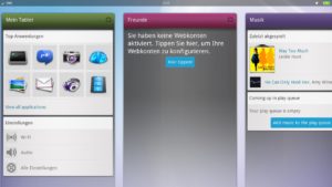 Abbildung 1: Der Hauptbildschirm von MeeGo mit den Einträgen für "Mein Tablet", Freunde, Musik, Bilder und so weiter.