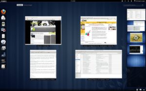 Abbildung 2: Die Aktivitäten-Übersicht mit den virtuellen Desktops ermöglicht einen schnellen Zugriff auf laufende Applikationen.