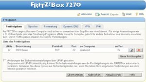 Abbildung 5: In der FritzBox können Sie Port-Weiterleitungen einrichten und damit von außen den Zugriff auf bestimmte lokal laufende Dienste, etwa einen privaten Webserver oder einen SSH-Server, freigeben.