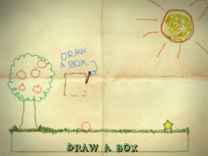 Abbildung 1: Die Grafiken von Crayon Physics Deluxe erinnern an Kinderzeichnungen. Dieses erste Puzzle zeigt gleichzeitig das Spielprinzip: Das eingezeichnete Rechteck fällt nach unten und schubst den Ball an.