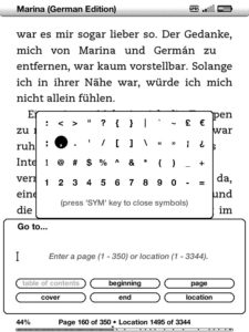 Abbildung 1: Die auf der realen Tastatur fehlenden Sonderzeichen und Ziffern verlegt der Kindle in eine Display-Auswahl.