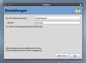 Abbildung 2: Wählen Sie nach dem ersten Start den Speicherort zum Sichern. Vermag Déjà Dup dort keine Datei anzulegen, weil es die Festplatte nicht findet oder den Server nicht erreicht, bricht die Software mit einem Fehler ab.