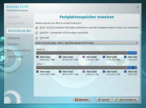 Abbildung 5: Findet der Installer bereits eines oder mehrere Systeme auf der Festplatte vor, schlägt er vor, eine der Partitionen zu verkleinern. Hier gilt es, die richtige zu identifizieren.