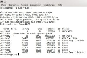 Abbildung 6: Der Befehl "sudo fdisk -l" zeigt Ihnen, welche Festplatten und Partitionen in Ihrem Rechner existieren, und gibt auch gleich die genutzten Dateisysteme an.