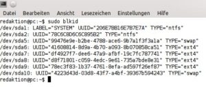 Abbildung 7: Über das Kommando "sudo blkid" erhalten Sie eine ähnliche Ausgabe wie mit "fdisk -l", allerdings erscheinen hier die UUIDs der einzelnen Partitionen.