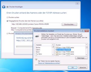 Abbildung 8: Um über Windows 7 auf einen freigegebenen Drucker zuzugreifen, reicht es aus, einen Netzwerkdrucker mit der speziellen URL des Druckers anzulegen und einen passenden Treiber zu installieren.