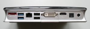 Abbildung 1: An der Rückseite bietet der Mini-PC eine Reihe von Anschlüsse, darunter eSATA, USB 2/3, LAN, DVI, HDMI und S/PDIF.