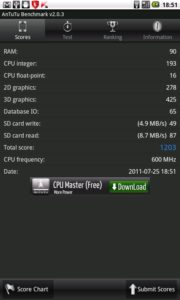 Abbildung 3: Auch beim System Benchmarkk von AnTuTu schneidet das Base Tab nicht allzu gut ab, was in erster Linie mit der langsamen CPU zusammenhängt.