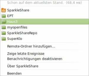 Abbildung 5: Wie es um die Synchronisation steht, verrät die erste Zeile des SparkleShare-Menüs.