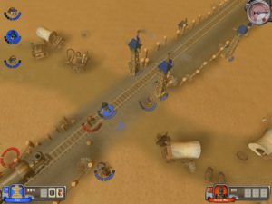 Abbildung 8: In dieser Land Grab Partie hat das blaue Team schon ein paar der Türme erobert. Die Eisenbahn links unten im Bild rauscht übrigens mit jeder Runde weiter voran. Eine Begegnung mit ihr auf den Schien kann schmerzhafte bis tödliche Folgen haben.