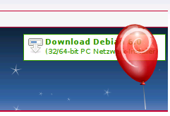 Zum 18. Geburtstag von Debian fliegen Luftballons mit dem Logo der Distribution über deren Homepage.