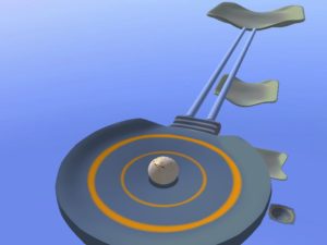 Abbildung 1: Die Kurse in ManiacMarble 3D erinnern optisch an fliegende Klickerbahnen. Hier muss man über die rechteckigen Teller in den runden ganz unten fallen.
