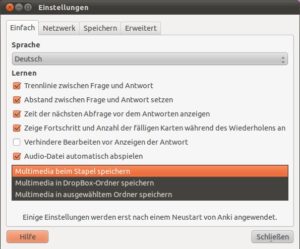 Abbildung 1: Die Einstellungen von Anki erlauben unter anderem das Einbinden von Dropbox als Speichermedium multimedialer Inhalte.