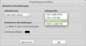Abbildung 1: In den Diaschau-Einstellungen legen Sie das Format fest, in das Imagination die Slideshow nach dem Bearbeiten exportiert.