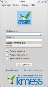 Abbildung 2: Nach dem ersten Start von KMess geben Sie zunächst Ihre Zugangsdaten zum MSN-Netzwerk ein.