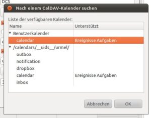 Abbildung 2: Evolution listet die verfügbaren Kalender auf, auf die Sie Zugriff haben.