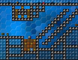 Abbildung 2: Beispiel für eines von vielen Puzzeln: Um an das Bruchstück ganz unten in der Grube heranzukommen, muss man zunächst den Roboter eliminieren …