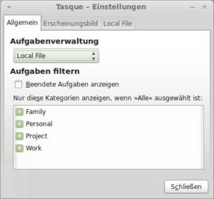 Abbildung 4: Im Einstellungsdialog von Tasque wählen Sie zwischen dem lokalen Modus und der Verwendung von Remember the Milk.