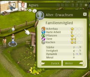 Abbildung 5: Das Icon mit dem sitzenden Bauern zeigt zwei untätige Personen an. Klicken Sie auf diese und geben Sie den beiden einen Job.