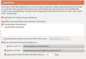Abbildung 7: Junk-Filter müssen Sie für jedes E-Mail-Konto einzeln konfigurieren. Sie sorgen dafür, dass Thunderbird Werbemüll erkennt und ihn ausfiltert.