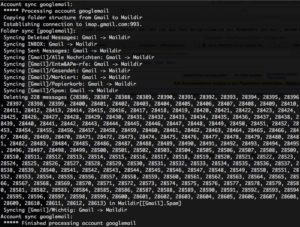 Abbildung 1: OfflineIMAP lädt beim ersten Synchronisieren eines Mail-Kontos alle Nachrichten vom Server auf den lokalen Rechner.
