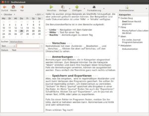 Abbildung 2: Dank der übersichtlichen Oberfläche und der mitgelieferten Beispiele fällt der Einstieg in Rednotebook leicht.