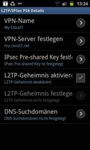 Abbildung 3: VPN-Eingabemaske des Android-Smartphones Samsung Galaxy S2, im Beispiel der Mobile-Client-A.